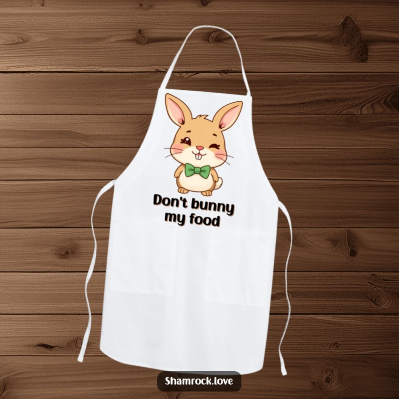 Funny apron with a cheerful brown bunny wearing a green bow tie, sporting a mischievous, knowing wink.