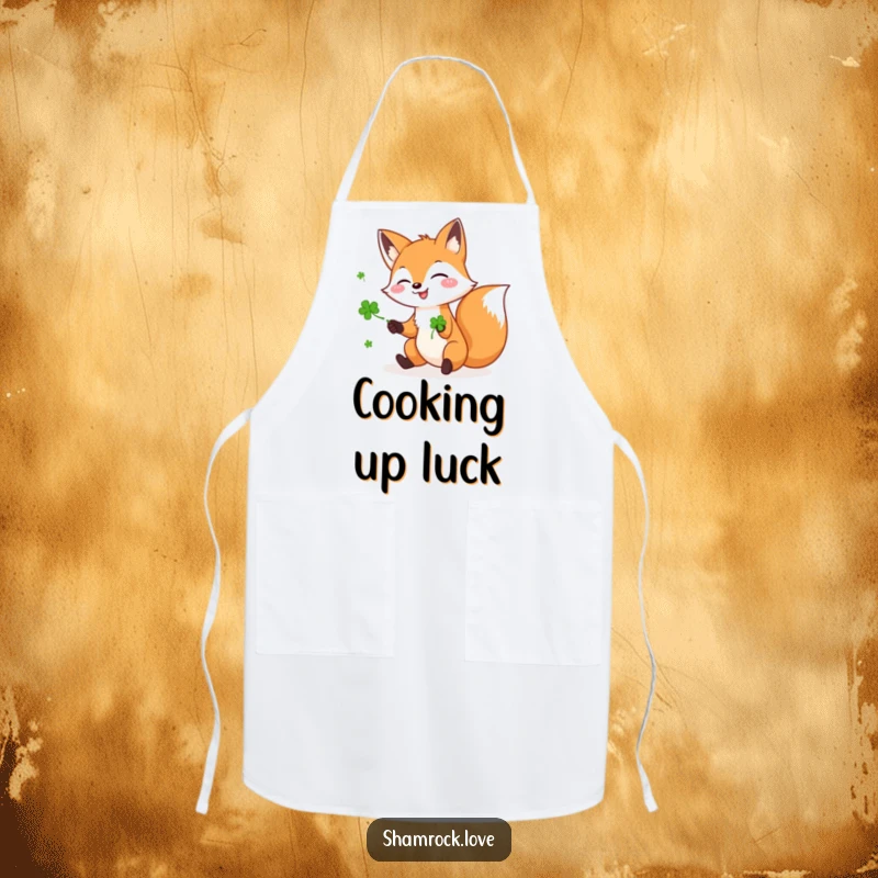 Funny apron featuring a playful fox juggling three green shamrocks, perfect for cooking with luck and a humorous flair.