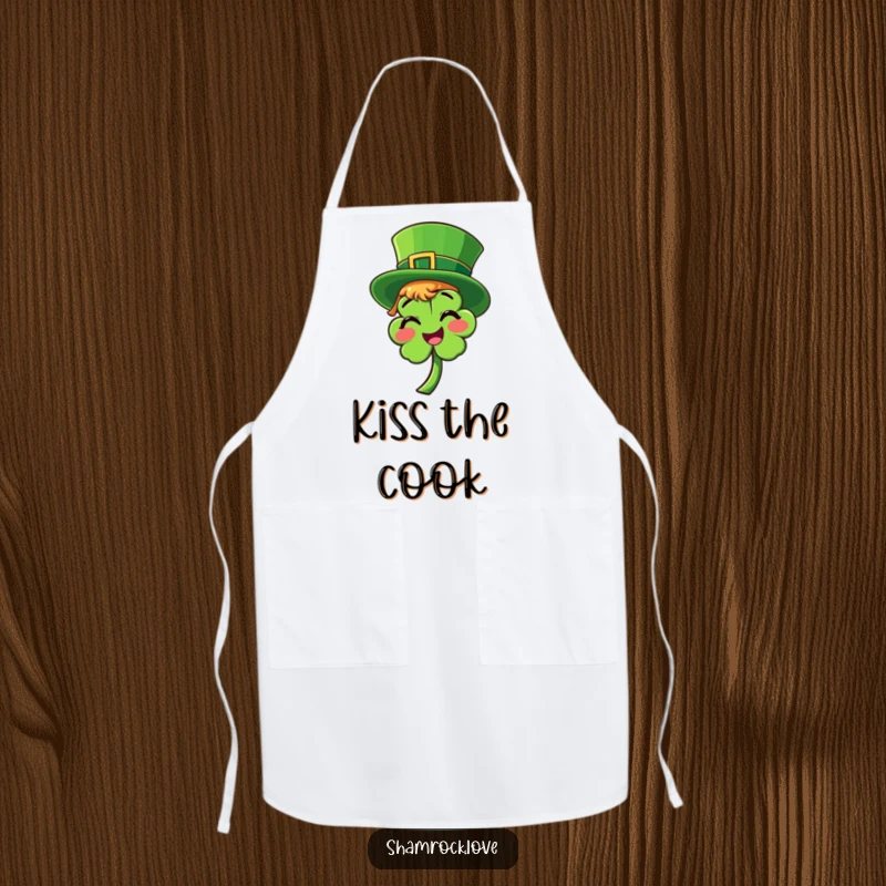 Funny apron showing a bright green leprechaun hat tilted on a smiling shamrock, ideal for festive kitchen fun.