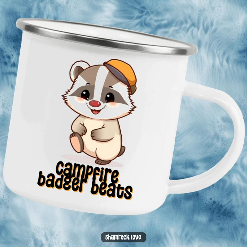 Funny camping mug with a chubby badger wearing a tiny cap, tapping its foot with a mischievous grin.