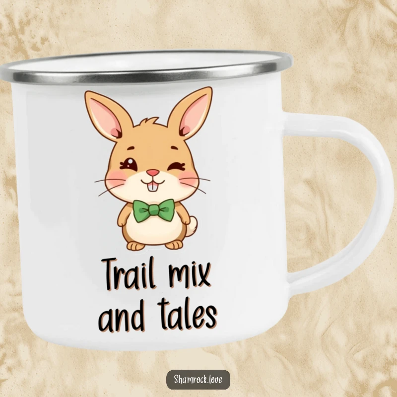 Funny camping mug featuring a cheerful brown bunny with a green bow tie, giving a mischievous wink.