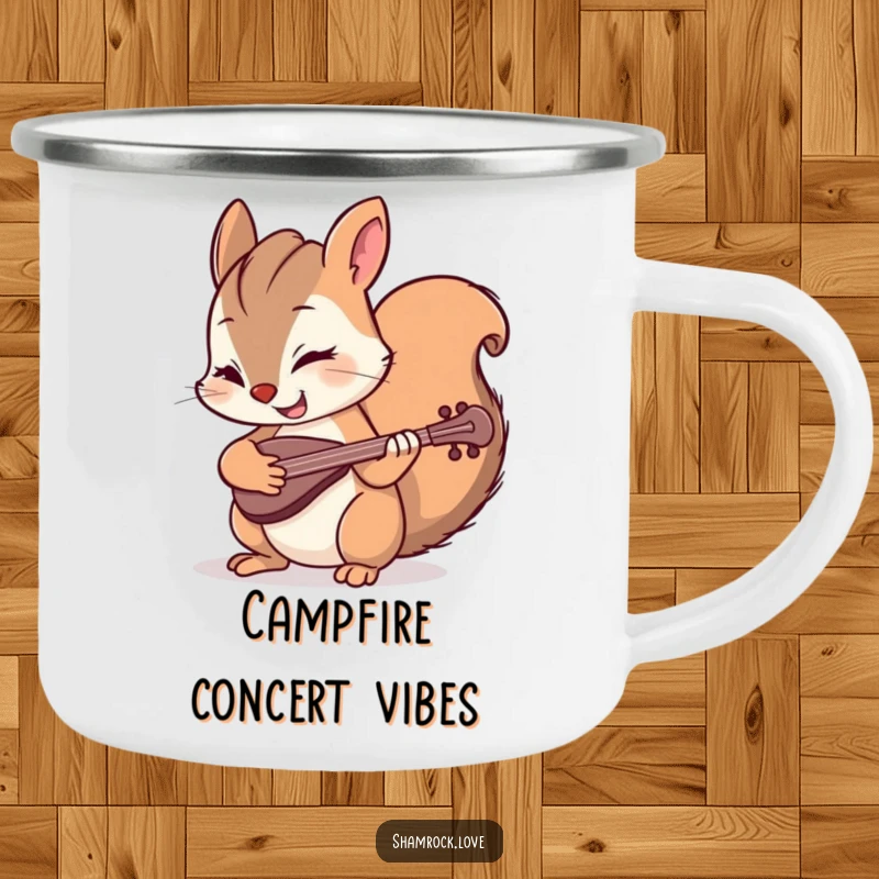 Funny camping mug featuring a mischievous squirrel winking while strumming a tiny fiddle, designed for outdoor adventures and jovial moments.
