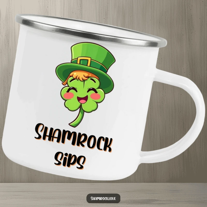 Funny camping mug featuring a bright green leprechaun hat playfully tilted on a smiling shamrock, ready for outdoor luck.