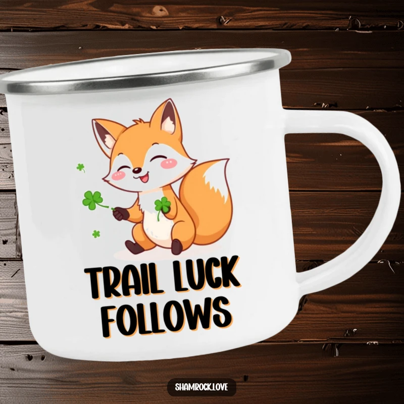 Funny camping mug featuring a playful fox juggling green shamrocks, designed for outdoor enjoyment and lucky moments.