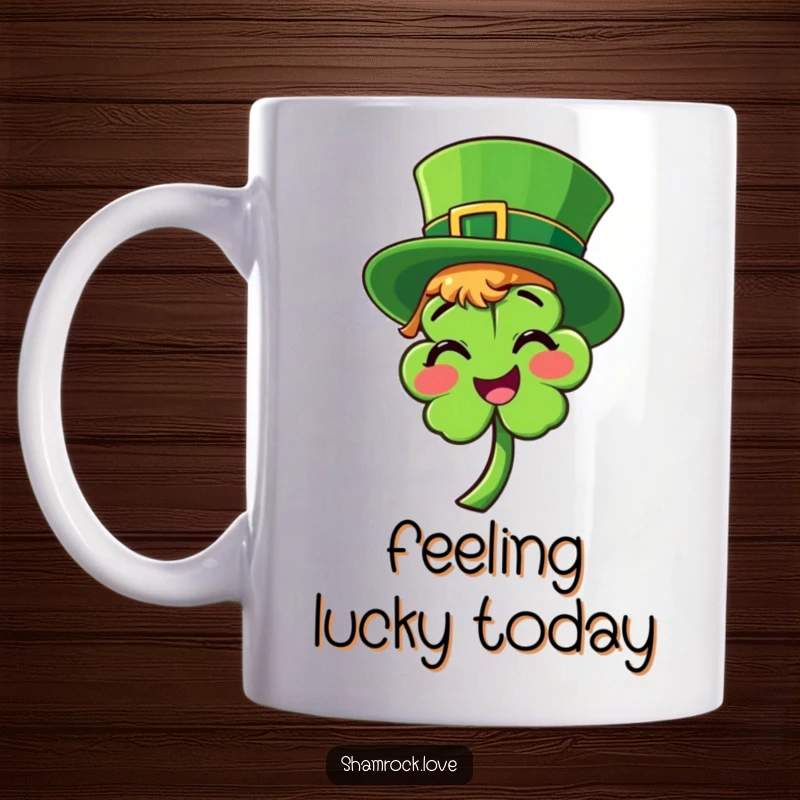 Funny mug featuring a bright green leprechaun hat playfully tilted on a smiling, cheerful shamrock, radiating St. Patrick’s Day joy.