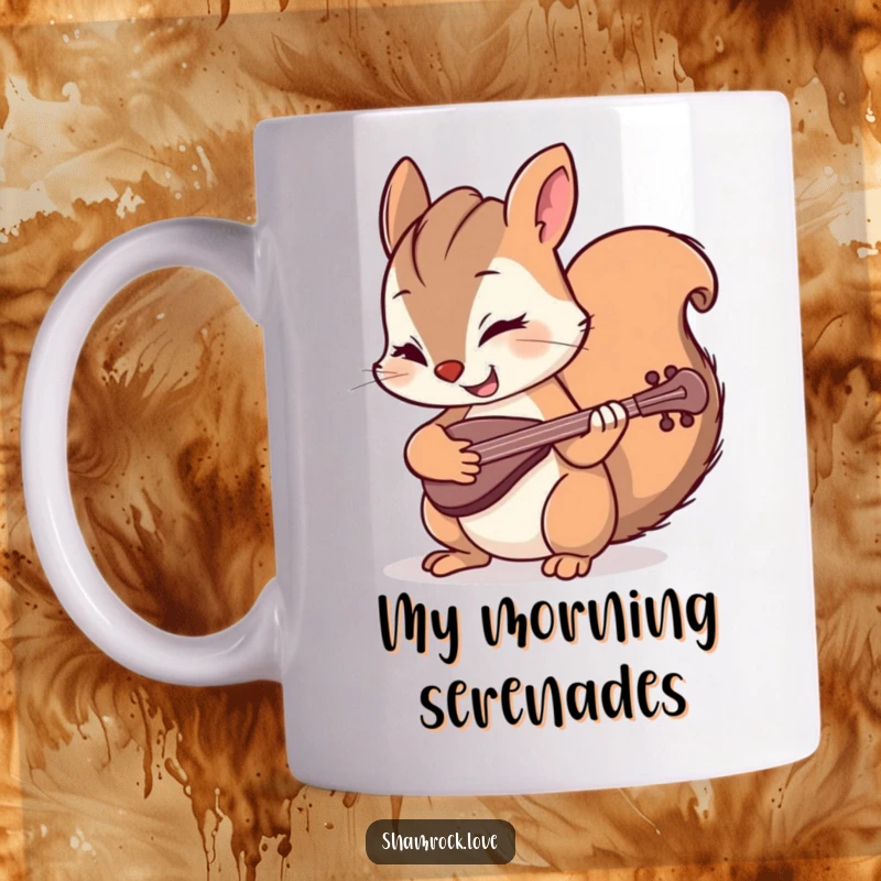 Funny mug featuring a mischievous squirrel winking while playing a tiny fiddle, exuding playful energy and musical charm.