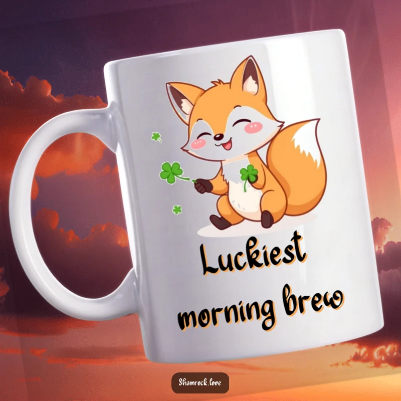 Funny mug featuring a playful fox joyfully juggling three green shamrocks, radiating luck and mischievous fun.