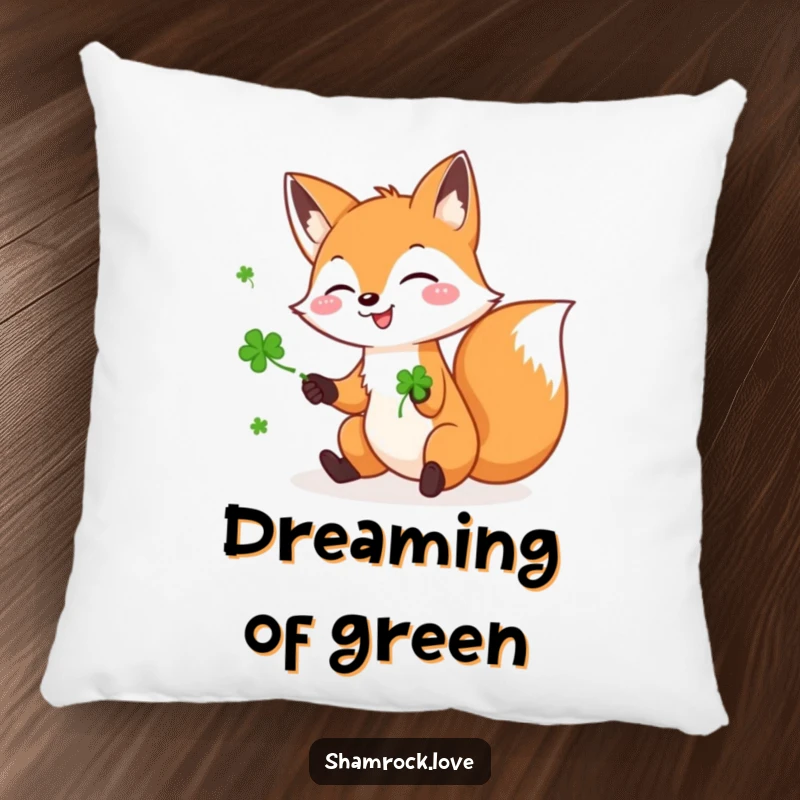 Funny pillow showcasing a playful fox gleefully juggling three green shamrocks, offering soft comfort and a lucky charm.