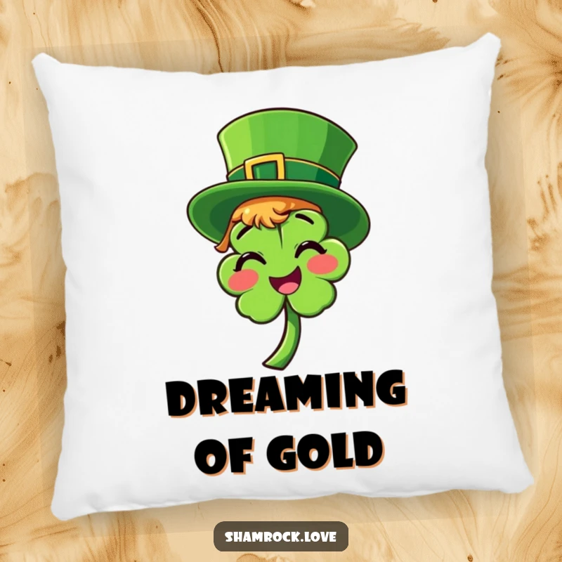 Funny pillow depicting a bright green leprechaun hat playfully tilted on a smiling shamrock, perfect for cozy St. Paddy’s comfort.