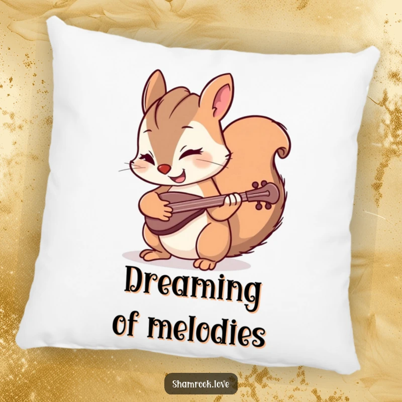 Funny pillow showcasing a mischievous squirrel winking while playing a tiny fiddle, providing soft comfort and a humorous visual accent.