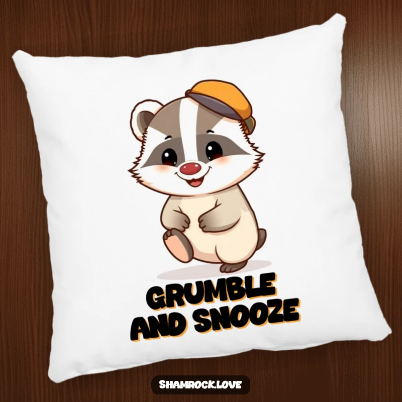 Funny pillow featuring a chubby badger wearing a tiny cap, tapping its foot with a mischievous grin.