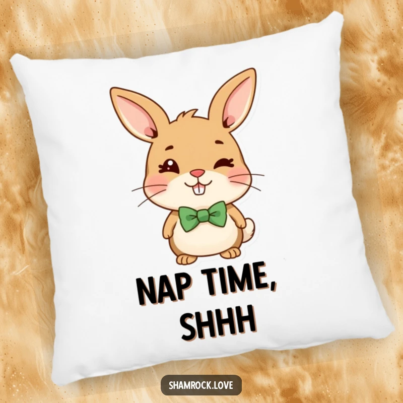 Funny pillow featuring a delightful brown bunny with a green bow tie, giving a cheeky, mischievous wink.