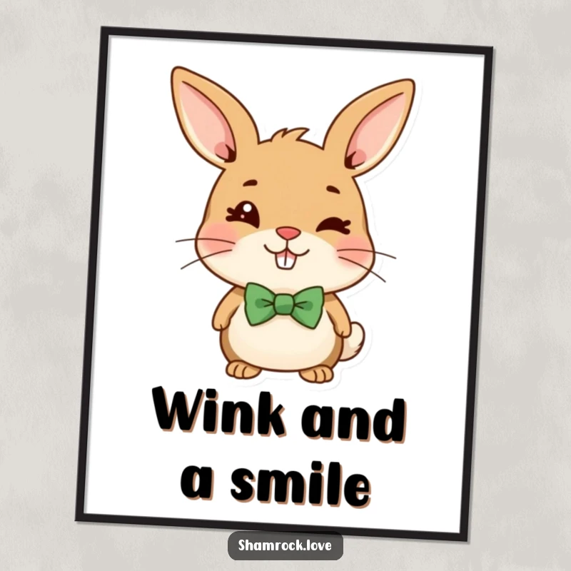 Funny digital art print of a cheerful brown bunny wearing a green bow tie, winking mischievously.