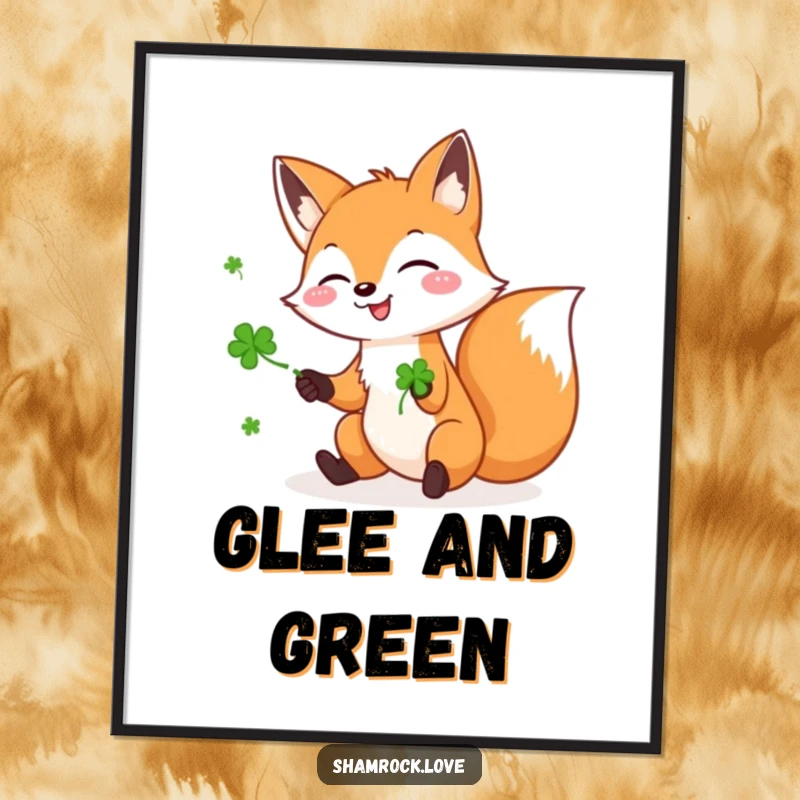 Funny digital art print of a playful fox joyfully juggling three green shamrocks, capturing a moment of luck and fun.