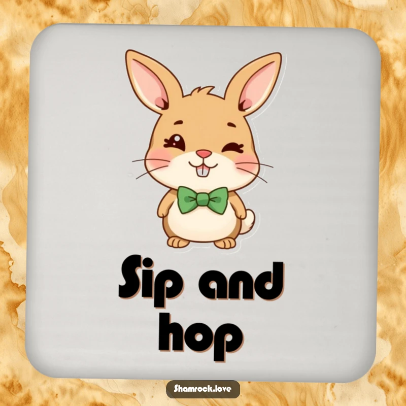 Funny drink coaster with a cheerful brown bunny in a green bow tie, winking mischievously.