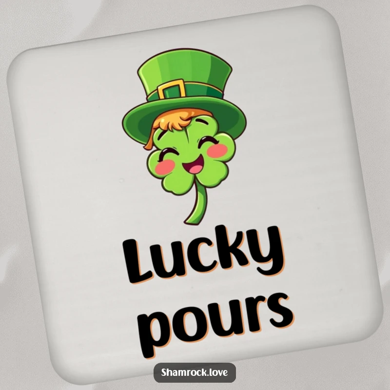 Funny drink coaster with a bright green leprechaun hat tilted on a smiling shamrock, protecting tables with St. Patrick’s Day cheer.