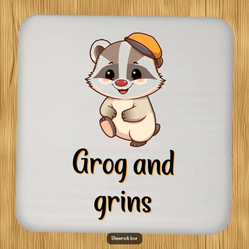 Funny drink coaster featuring a chubby badger in a tiny cap, tapping its foot with a mischievous grin.