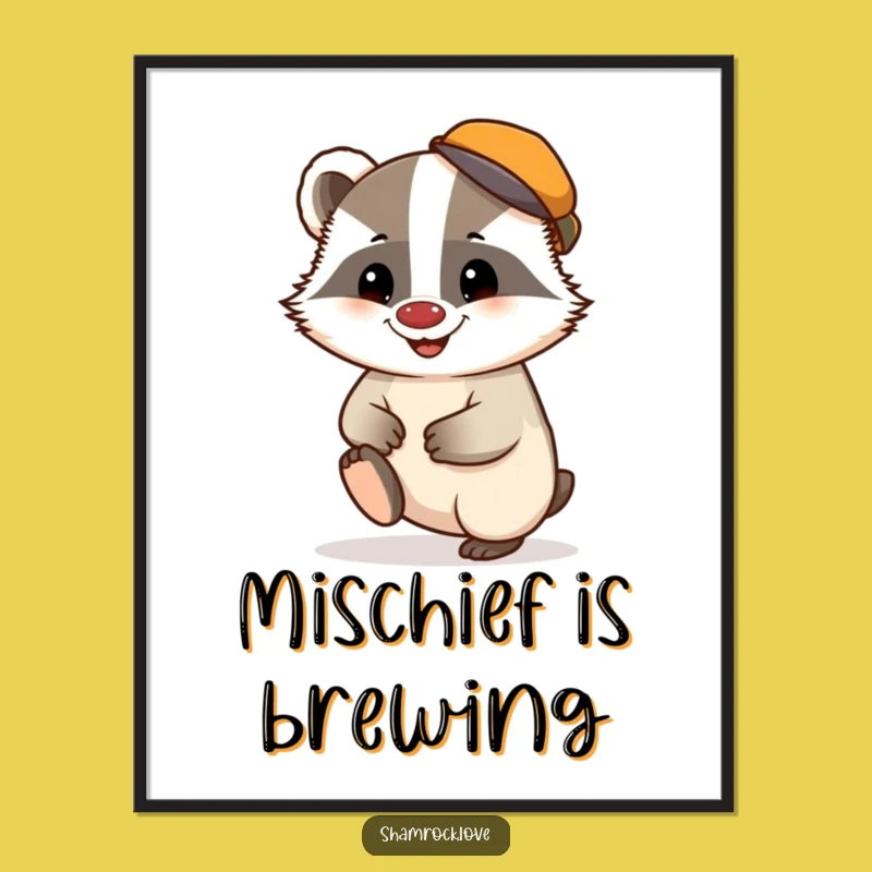 Funny Badger Cap Grin Poster: Mischievous Wall Art Print Gift