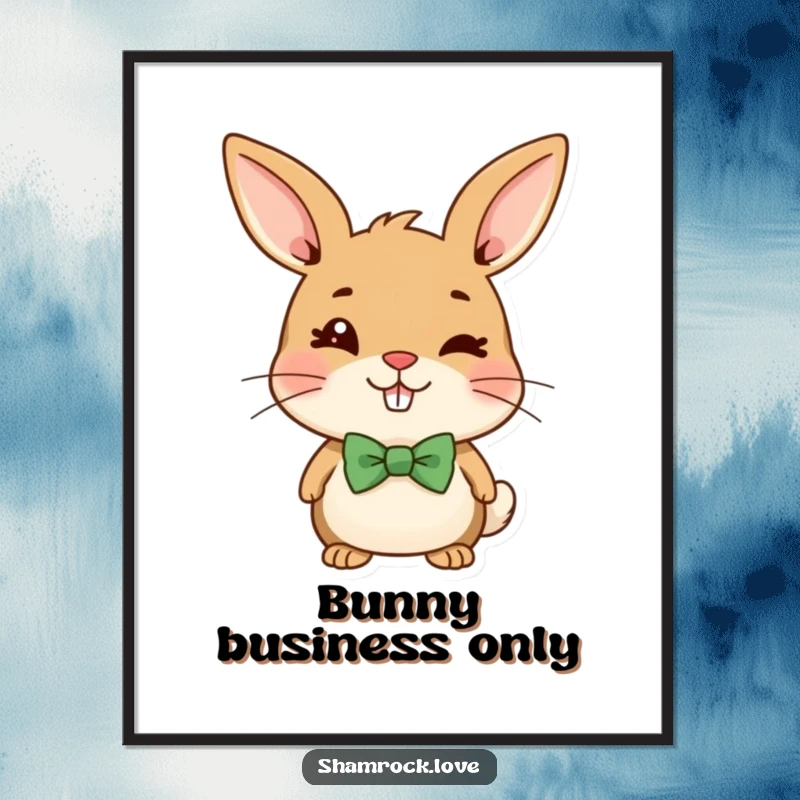 Funny poster print of a cheerful brown bunny in a green bow tie, captured mid-mischievous wink.