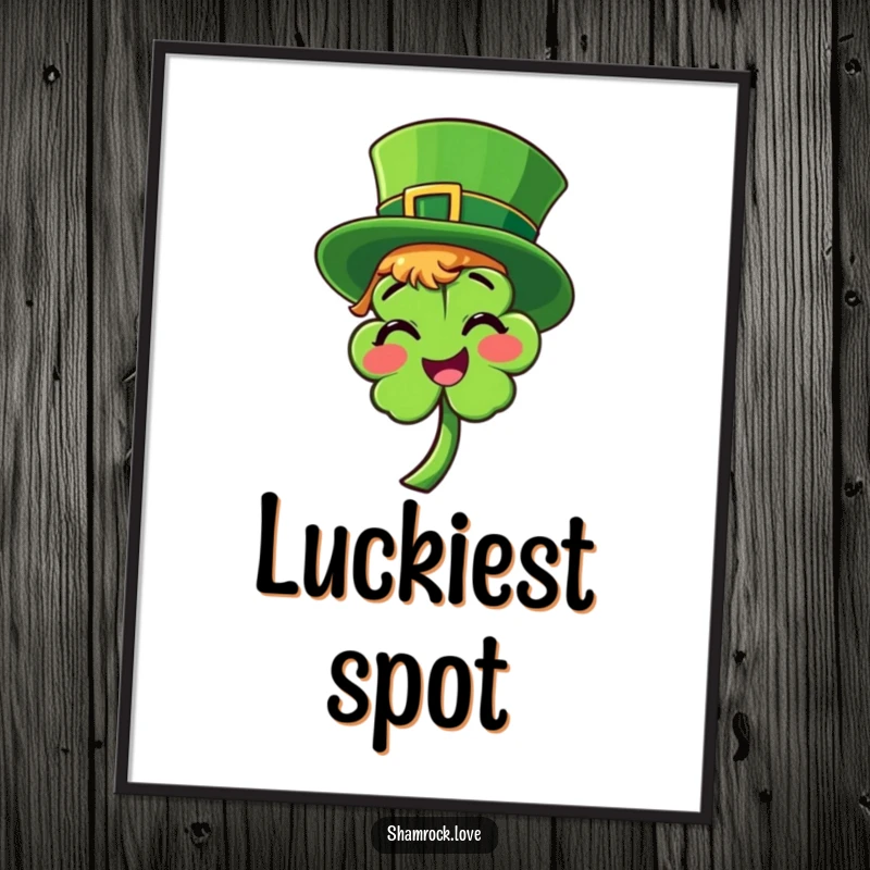 Funny poster featuring a bright green leprechaun hat playfully tilted on a smiling shamrock, radiating St. Patrick’s Day vibes.