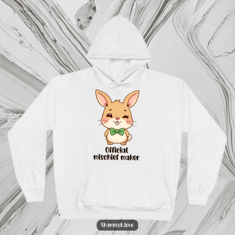 Funny hoodie showcasing a charming brown bunny with a green bow tie, giving a sly, mischievous wink.