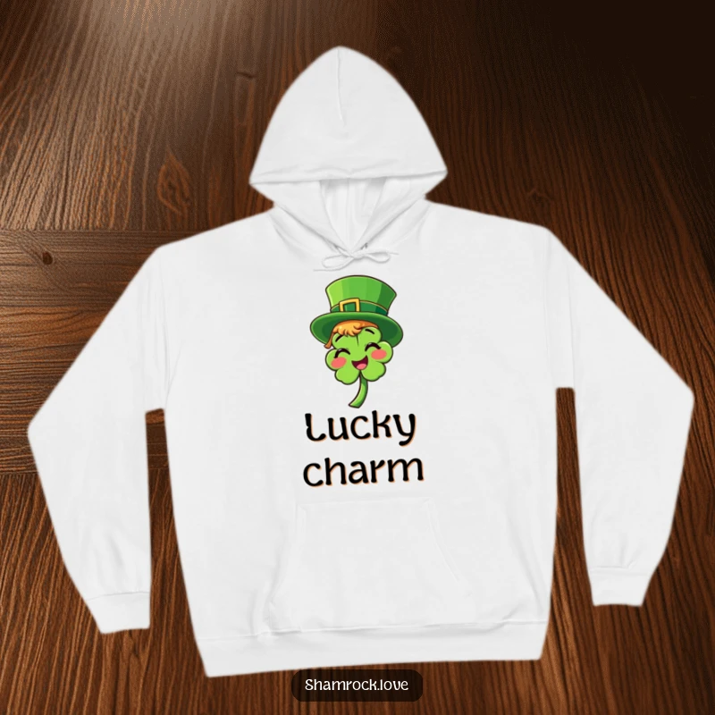 Funny hoodie featuring a bright green leprechaun hat playfully tilted on a smiling shamrock, cozy and full of luck.