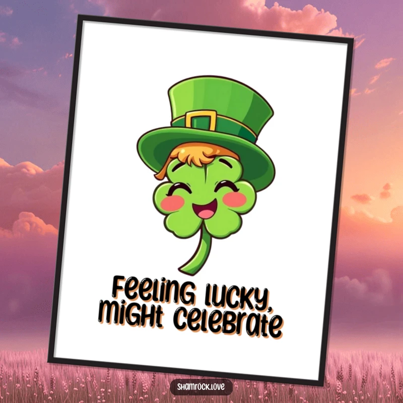 Funny Free Printable Wall Art: Smiling shamrock with a bright green leprechaun hat tilted playfully, evoking good fortune.