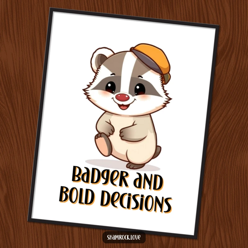 Funny Free Printable Wall Art: A chubby badger wearing a tiny cap taps its foot with a mischievous grin, full of personality.