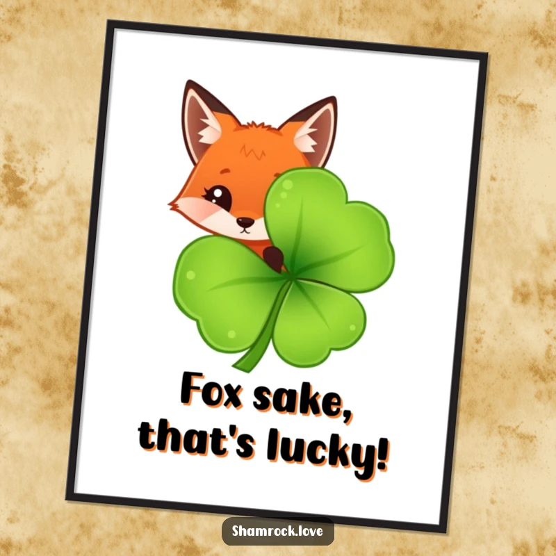 Funny Free Printable Wall Art: A curious red fox peeks from behind a large, dewy shamrock leaf, looking adorable.