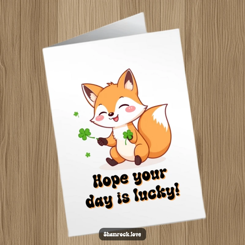 Funny Free Printable Birthday Card: Playful fox joyfully juggling three green shamrocks for a lucky celebration.