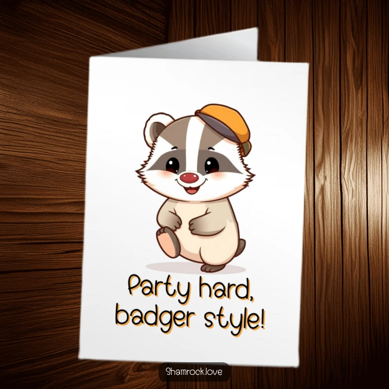 Funny Free Printable Birthday Card: A chubby badger in a tiny cap taps its foot with a mischievous grin.