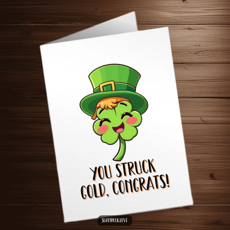 Funny Free Printable Congratulations Card: Smiling shamrock with a leprechaun hat tilted playfully, conveying good luck.