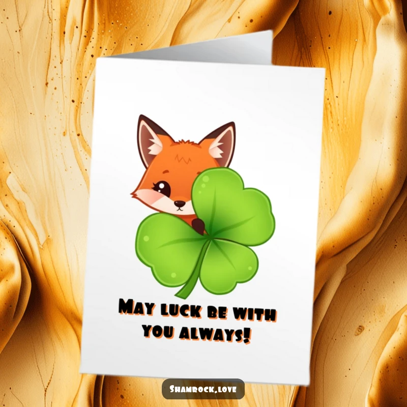 Funny Free Printable Congratulations Card: A curious red fox peeks out from behind a large, dewy shamrock leaf.