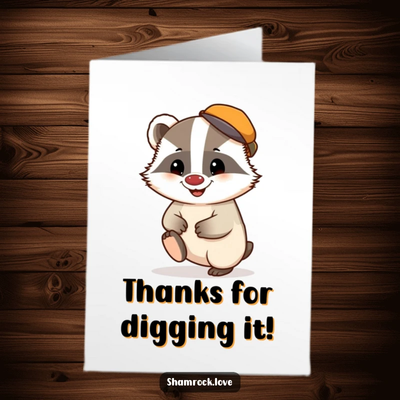 Funny Free Printable Thank You Card: A chubby badger in a tiny cap taps its foot with a mischievous grin.
