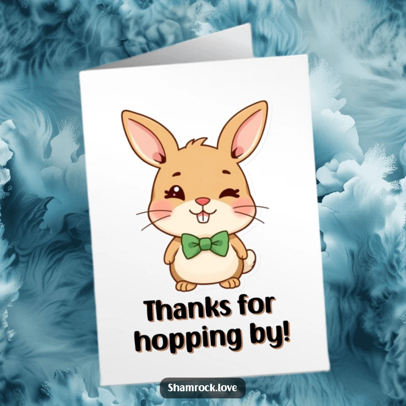 Funny Free Printable Thank You Card: A cheerful brown bunny in a green bow tie gives a mischievous wink.