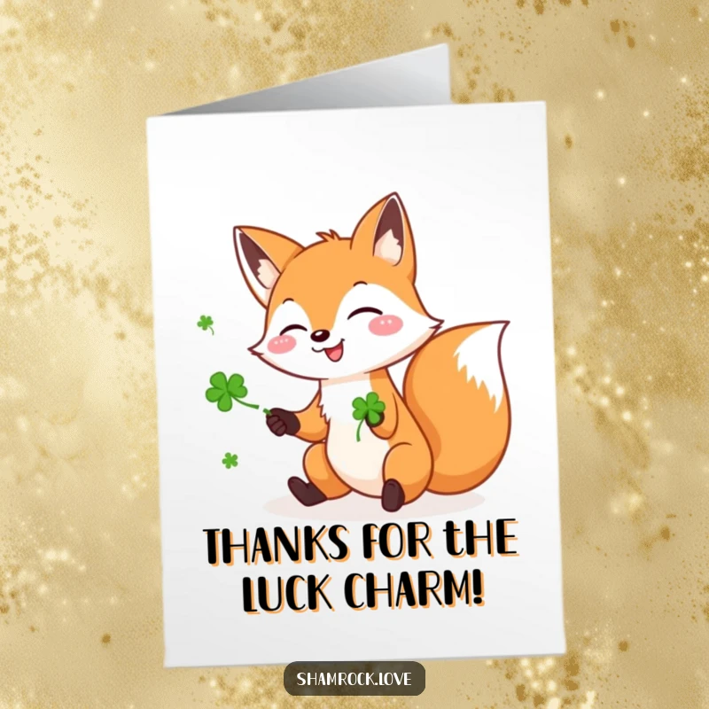 Funny Free Printable Thank You Card: A gleeful fox juggles three lucky green shamrocks.