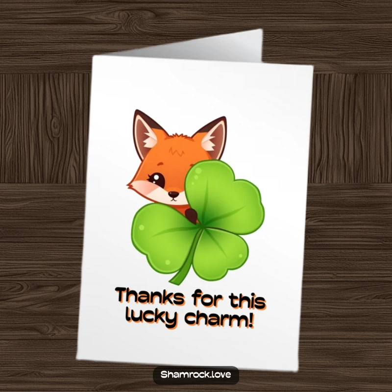 Funny Free Printable Thank You Card: A curious red fox peeks out from behind a large, dewy shamrock leaf.