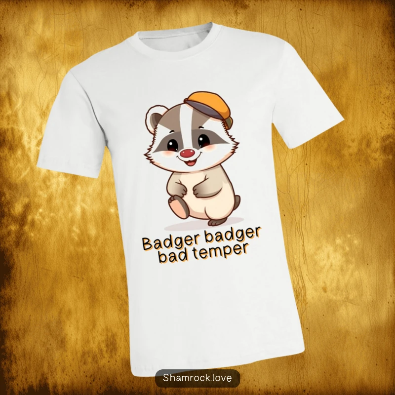 Funny t-shirt showcasing a chubby badger in a tiny cap, tapping its foot with a mischievous grin.