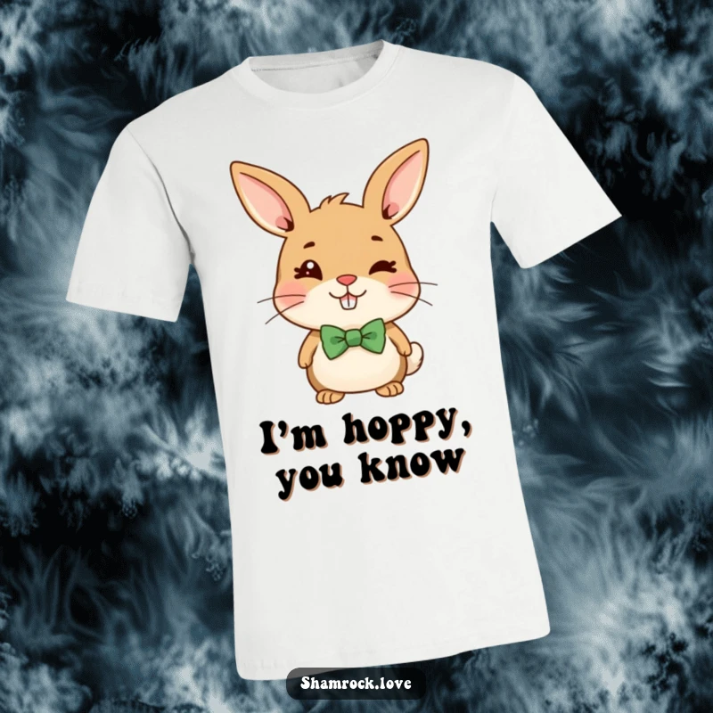 Funny t-shirt featuring a cheerful brown bunny with a green bow tie, caught in a mischievous wink.