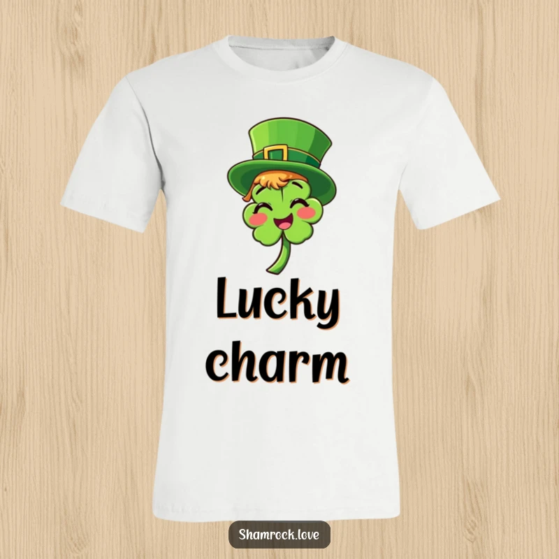 Funny t-shirt with a bright green leprechaun hat playfully tilted on a smiling shamrock, ideal for St. Patrick’s Day fun.