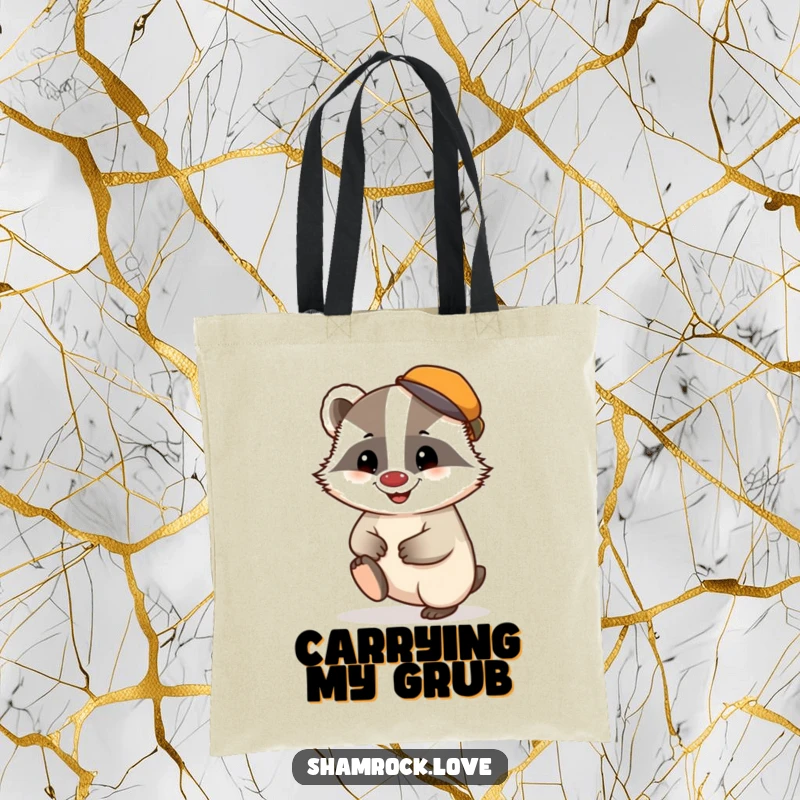 Funny tote bag featuring a chubby badger in a tiny cap, tapping its foot with a mischievous grin.