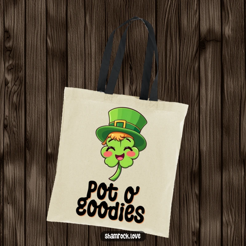 Funny tote bag with a bright green leprechaun hat tilted on a smiling shamrock, a charming St. Patrick’s Day accessory.